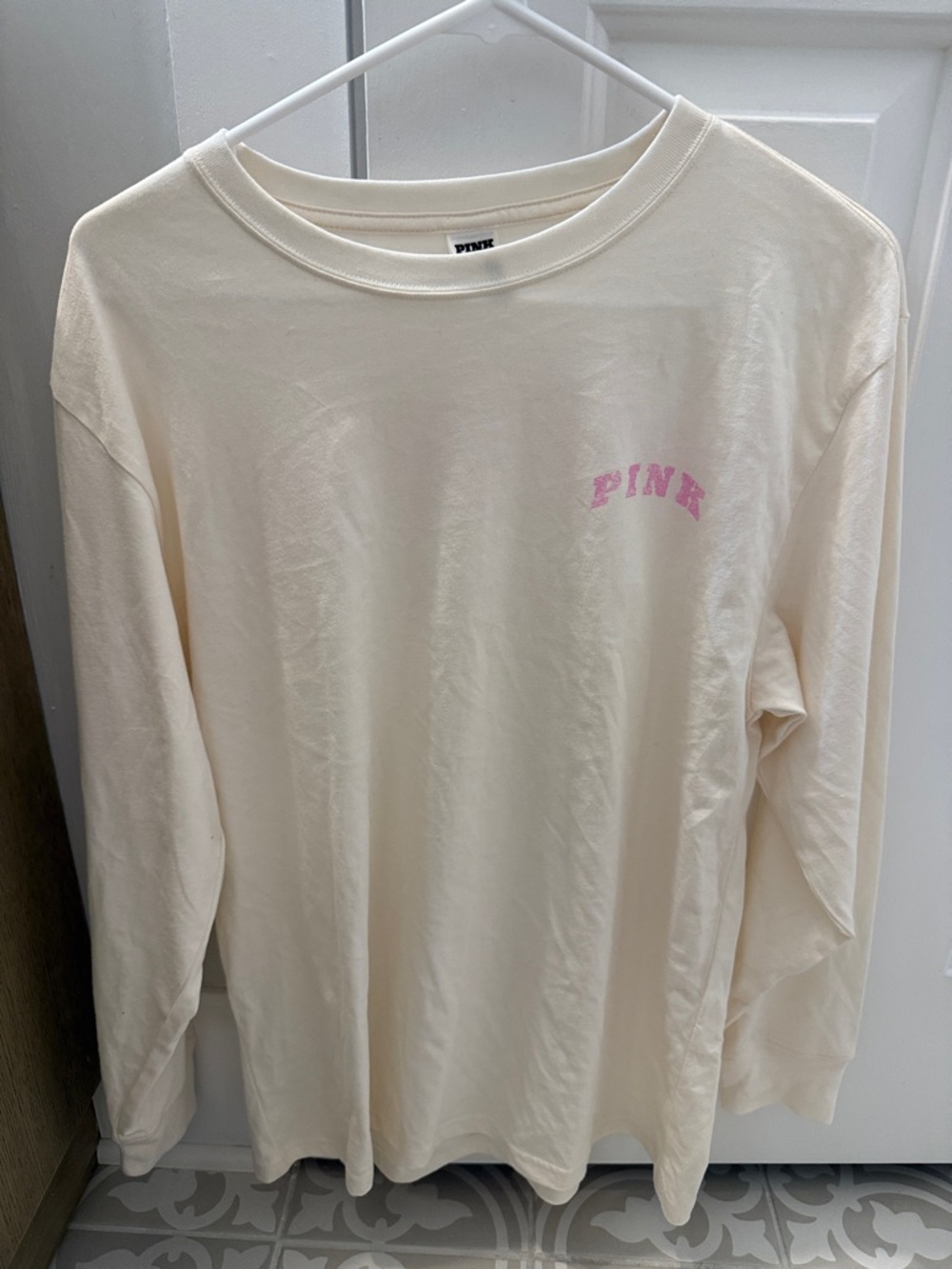 PINK Victoria's Secret Cream Long Sleeve Tee with Pink Logo. Never worn